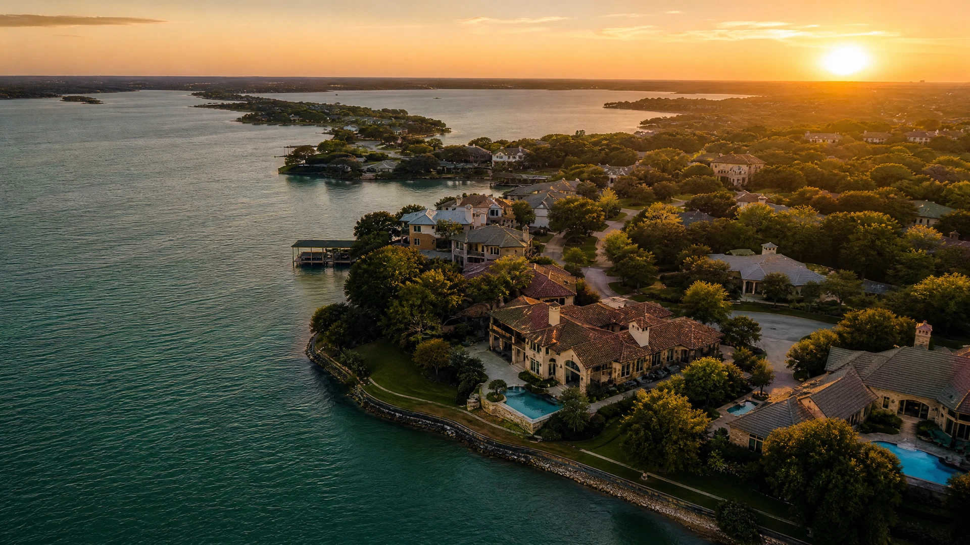 Lakefront homes in North Texas at golden hour